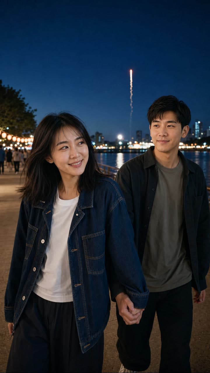 A young couple smiling and holding hands beside a river on fireworks night